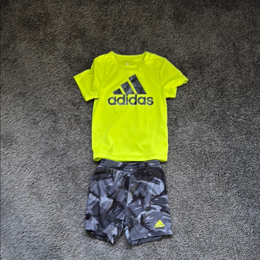 Adidas Neon Yellow T-Shirt and Camouflage Shorts Set